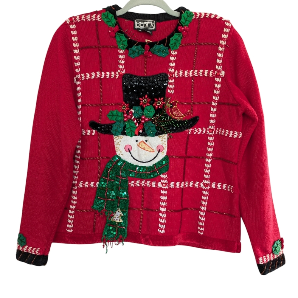 Vintage Berek‎ Womens Red Christmas Sweater M Snowman Beaded Sequin Statement M